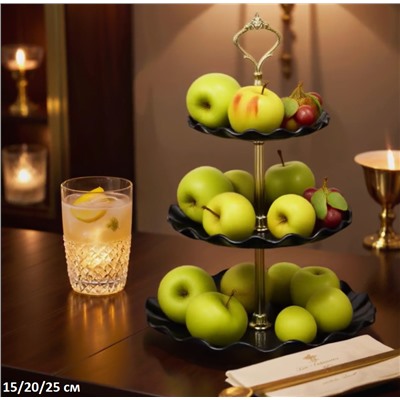 Ваза для фруктов 3-х ярусная 15/20/25 Круг Волна черная / KB22 /уп 80/ Пластик