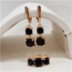 Комплект ювелирной бижутерии коллекция "Дубай" серьги и кольцо 17 р, покрытие позолота, вставка: стекло, цвет: черный, арт.414.206-17