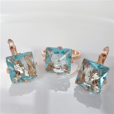 Комплект ювелирная бижутерия коллекция  "Дубай" серьги и кольцо 18 р, покрытие: позолота, вставка: фианиты, цвет: нежно-голубой, арт.215.444-18