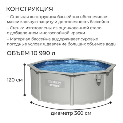 Бассейн каркасный стальной Bestway Hydrium 56574, 366×122 см, песчаный фильтр-насос, лестница, тент, круглый