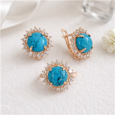 Комплект ювелирной бижутерии коллекция "Дубай" серьги и кольцо 17 р, покрытие: позолота, вставка: искусственная бирюза и фианиты, арт.007.354-17