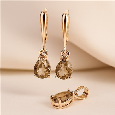 Комплект ювелирной бижутерии коллекция "Дубай" серьги и кулон, покрытие позолота, вставка: фианиты, цвет: бежевый, арт.314.976