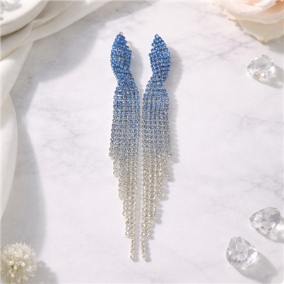 Серьги длинные висячие со стразами "Вечерние", цвет: серебристый и голубой, арт.012.027