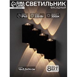 Светильник фасадный «Луч», 8 Вт, 3000К, 4 луча, IP65, 220 В, металлический корпус, чёрный, свечение тёплое белое