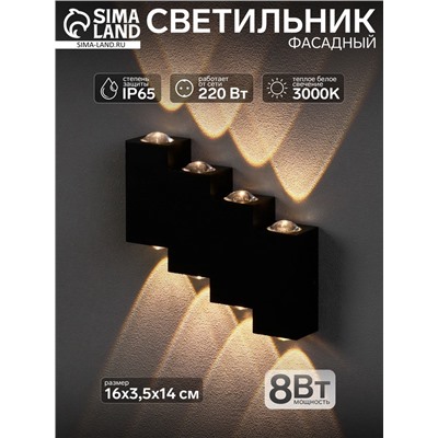 Светильник фасадный «Луч», 8 Вт, 3000К, 4 луча, IP65, 220 В, металлический корпус, чёрный, свечение тёплое белое