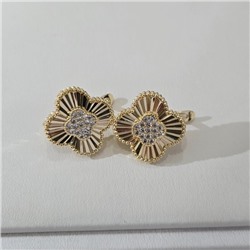 Серьги клевер ювелирная бижутерия Итальянское золото (покрытие желтое 14к), вставка: фианиты, цвет: прозрачный, арт.313.300