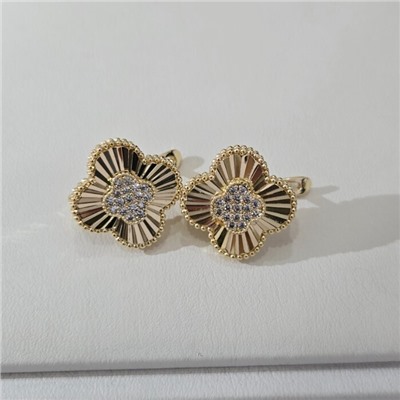 Серьги клевер ювелирная бижутерия Итальянское золото (покрытие желтое 14к), вставка: фианиты, цвет: прозрачный, арт.313.300