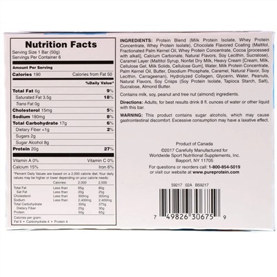 Pure Protein, Батончики с арахисом, шоколадом и карамелью, 6 батончиков, 1,76 унц. (50 г)