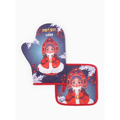 Набор кухонный «Этель. Матрёшка»: прихватка 19×19 см, варежка-прихватка 20×28 см, 100% хлопок