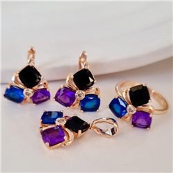 Комплект ювелирная бижутерия коллекция  "Дубай" серьги, кулон и кольцо 17 р, покрытие: позолота, вставка: фианиты, цвет: фиолетовый, синий и черный, арт.313.133-17