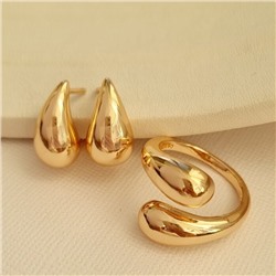 Комплект ювелирной бижутерии коллекция "Дубай" в форме капли серьги и кольцо разъемное 18-19 р, покрытие позолота, арт.414.055