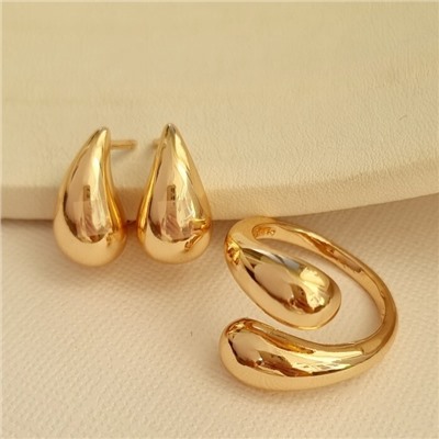 Комплект ювелирной бижутерии коллекция "Дубай" в форме капли серьги и кольцо разъемное 18-19 р, покрытие позолота, арт.414.055