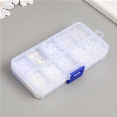 Бисер стекло 8/0, 12/0 в шкатулке «Белый», бусины, стеклярус и пайетки, 13×6.5×2.3 см
