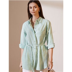 Удлиненная блузка с поясом в тонкую полоску из хлопка