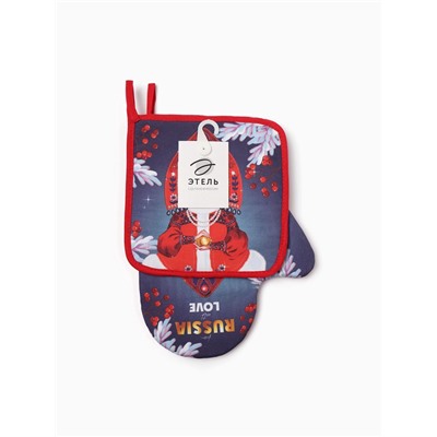 Набор кухонный «Этель. Матрёшка»: прихватка 19×19 см, варежка-прихватка 20×28 см, 100% хлопок