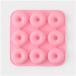 Форма для выпечки Доляна «Сладости. Пончик», силикон, 28.5×28.5×3 см, 9 ячеек (d=8 см), розовая