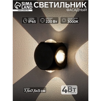 Светильник фасадный «Кубик», 4 Вт, 3000К, 2 луча, IP65, 220 В, металлический корпус, чёрный, свечение тёплое белое