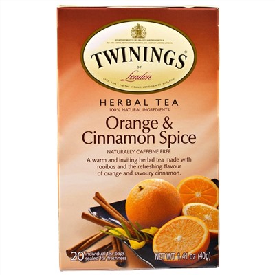 Twinings, травяной чай, апельсин и корица, без кофеина, 20 чайных пакетиков в индивидуальной упаковке, 40 г (1,41 унции)