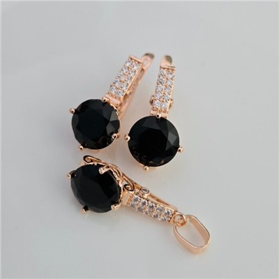 Комплект ювелирной бижутерии коллекция "Дубай" серьги и кулон, покрытие позолота, вставка: фианиты и цирконы, цвет: черный и прозрачный, Уценка, арт.08.4040 (414.006 )