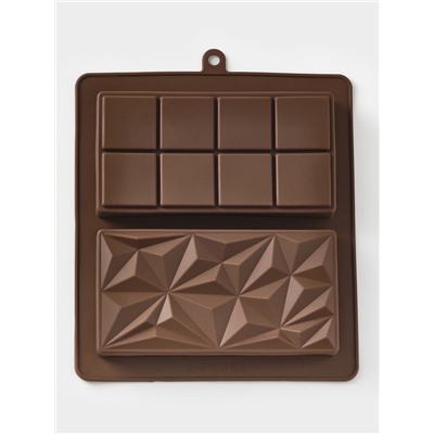 Форма для дубайского шоколада Доляна «Квадраты, пирамиды», 2 плитки, 21×19×2.5 см, силикон, коричневая