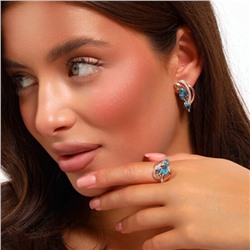 Комплект ювелирной бижутерии Дубайское золото покрытие позолота, серьги и кольцо 19 р, вставка: фианиты, цвет: голубой и прозрачный,Уценка,  арт.08.3302 (314.716-19)