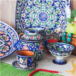 Конфетница узбекская Риштанская Керамика «Цветы», 13 см, синяя