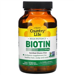 Country Life, Высокоэффективный биотин, 10 мг, 120 веганских капсул