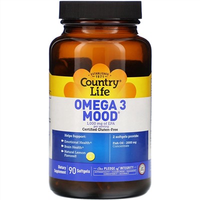 Country Life, Omega 3 Mood, натуральный ароматизатор со вкусом лимона, 90 мягких желатиновых капсул
