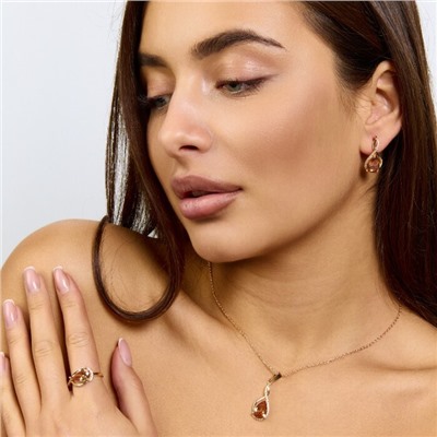 Комплект ювелирной бижутерии коллекция "Дубай" серьги, кулон и кольцо 20 р, покрытие позолота,  вставка: фианиты и цирконы, цвет: шампань и прозрачный, арт.217.363-20