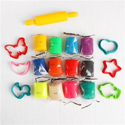 Тесто-пластилин, 12 цветов, 6 формочек + скалка: 16 см