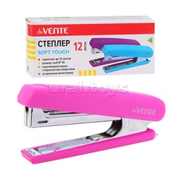 Степлер "Soft Touch" № 10 (мощность 12 листов, глубина скрепления 50 мм) пластиковый с бархатистым прорезиненным покрытием, со встроенным металлическим антистеплером, в картонной коробке, ассорти 3 цвета (фиолетовый, голубой и розовый)