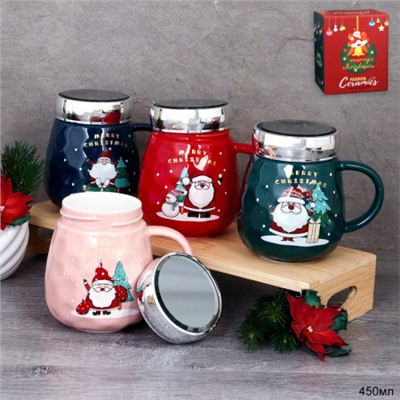Кружка новогодняя с крышкой, ложка/450 мл/ XWY6653-3 /уп 60/