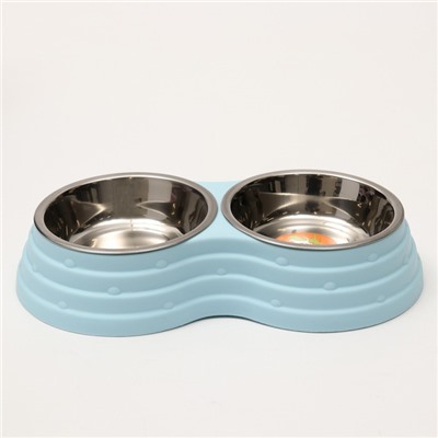 Миска двойная, 25×14×5 см, на пластиковом основании, металл, голубая