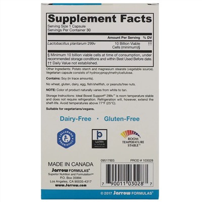 Jarrow Formulas, Ideal Bowel Support, 299v, 10 млрд клеток, 30 растительных капсул