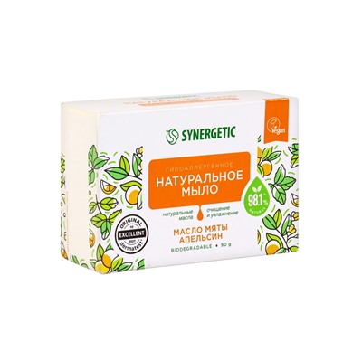 Натуральное туалетное мыло Synergetic "Масло мяты и апельсин", гипоаллергенное, 90 г