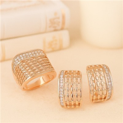 Комплект ювелирной бижутерии коллекция "Дубай" серьги и кольцо 19 р, покрытие позолота, вставка: фианиты, цвет: прозрачный, арт.216.399-19