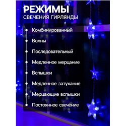Гирлянда «Бахрома» 2.4×0.9 м с насадками «Звёздочки», IP20, прозрачная нить, 186 LED, свечение синее, 8 режимов, 220 В