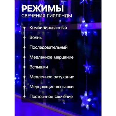 Гирлянда «Бахрома» 2.4×0.9 м с насадками «Звёздочки», IP20, прозрачная нить, 186 LED, свечение синее, 8 режимов, 220 В
