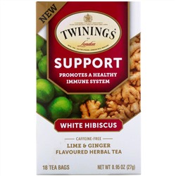 Twinings, Травяной чай для поддержки иммунитета, белый гибискус, лайм и имбирь, без кофеина, 18 пакетиков по 0,95 унц. (27 г)