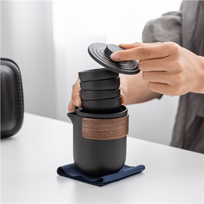 Набор для чайной церемонии ДЖЕКИЧАЙ «Синьян», 6 предметов, на 4 персоны: чашка 35 мл, чайник 300 мл, керамика, чёрный