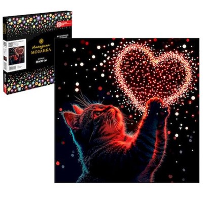 Алмазная мозаика по номерам 30х30 см (НА ПОДРАМНИКЕ) "КОТЕНОК С СЕРДЕЧКОМ" Частичная выкладка 71437 Феникс