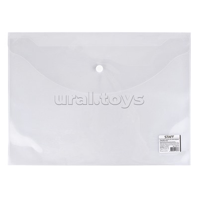 Папка-конверт на кнопке эконом, А4, 340*240мм, прозрачная, до 100 листов, 0,12мм, 225173