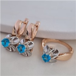 Комплект ювелирной бижутерии коллекция "Дубай" серьги и кольцо 17 р, покрытие позолота, вставка: фианиты, цвет: голубой, арт.213.937-17