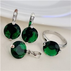 Комплект ювелирной бижутерии серьги, кулон и кольцо 18 р, покрытие посеребрение, вставка: фианит, цвет: изумрудный, арт.313.198-18