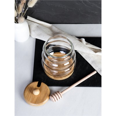 Банка для меда с ложкой на подставке бамбуковая крышка 500 мл / 7278 /уп 100/
