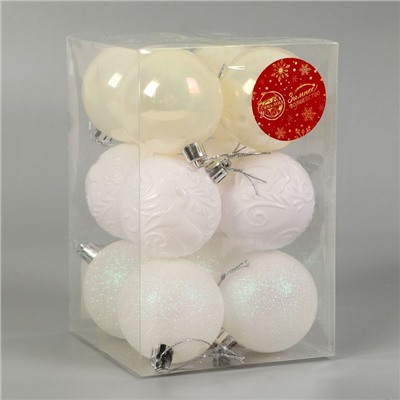 Ёлочные игрушки «Мелодия», шары новогодние, d=6 см, набор 12 шт., узор блеск, белый