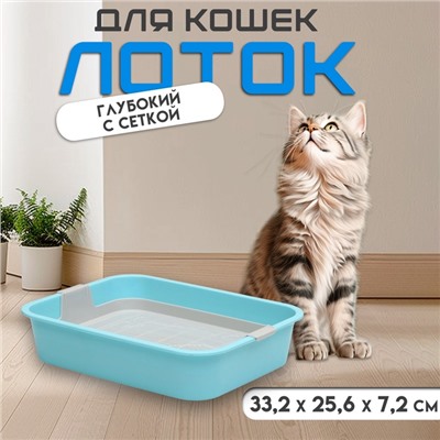 Туалет для кошек «Мур-мяу», 33×25×7 с. с сеткой, пластик, голубой