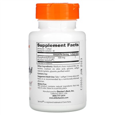 Doctor's Best, SerinAid, фосфатидилсерин, 100 мг, 60 капсул