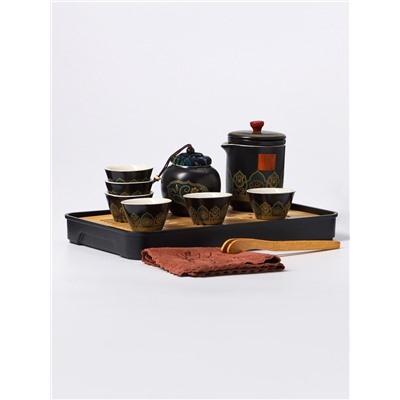 Набор для чайной церемонии ДЖЕКИЧАЙ «Кадзуно», 11 предметов, на 6 персон, чашка 50 мл, чайник 285 мл, керамика, чёрный