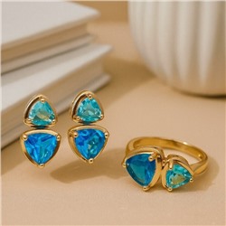 Комплект ювелирной бижутерии коллекция "Дубай" серьги и кольцо 20 р покрытие позолота, вставка: стекло, цвет: голубой, арт.414.193-20